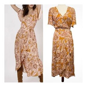 FREE PEOPLE Floral Wrap Dress in Pink and Orange NWT